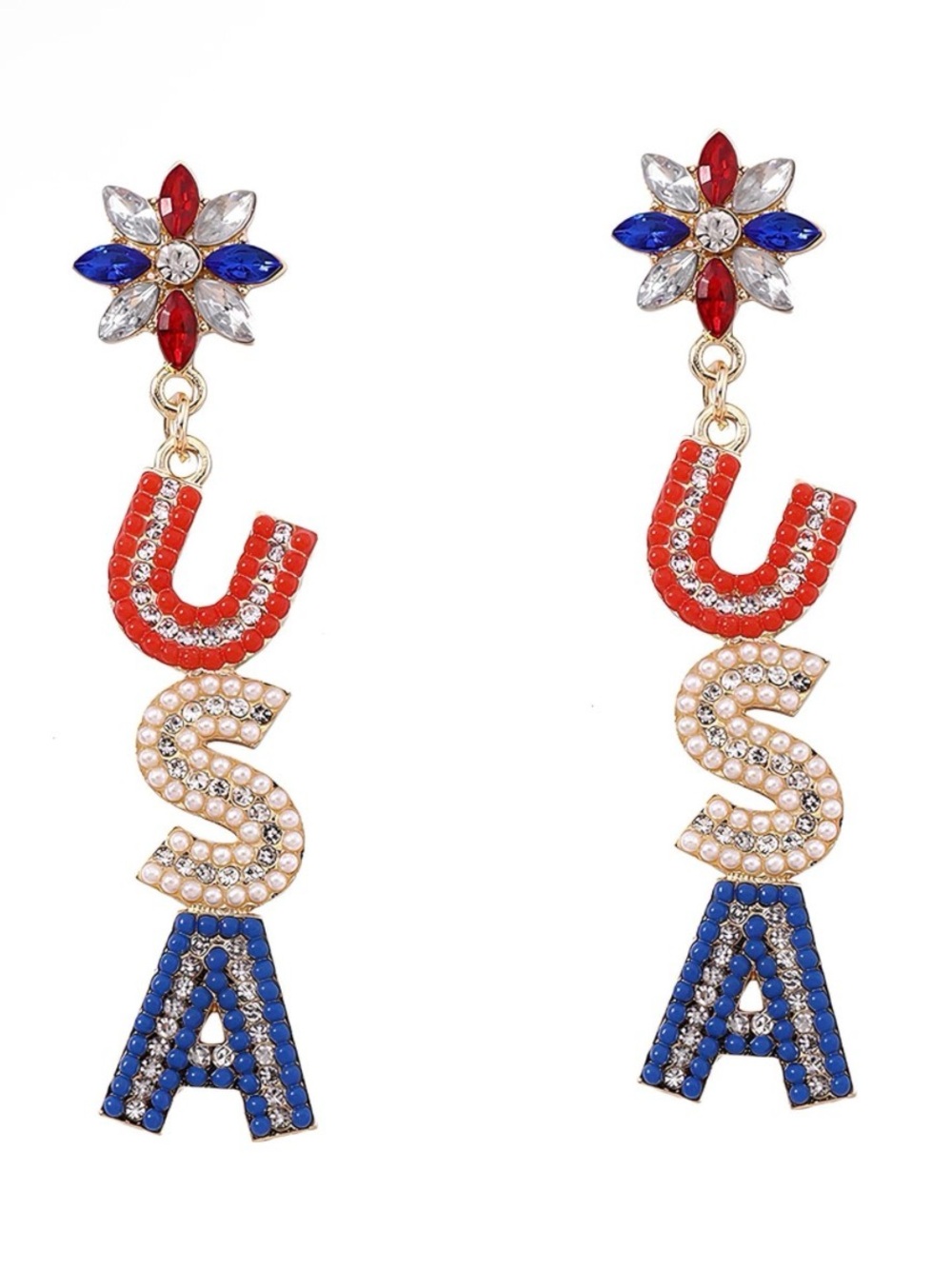 Patriotic 'USA' Red, White & Blue Crystal Drop Earrings